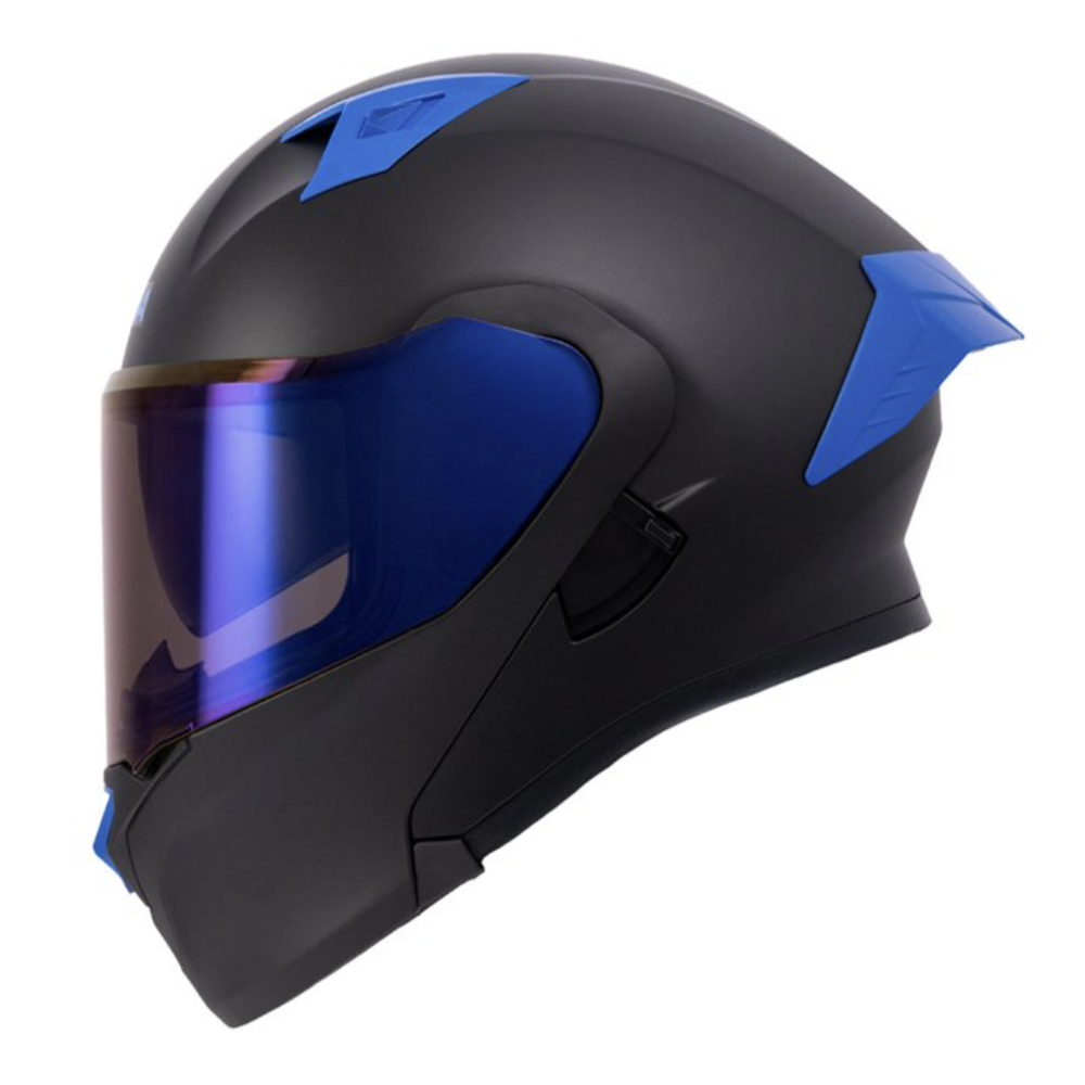 Beemer Gear - Cascos - Rush Negro Mate Mica Azul - Vista lateral Casco de moto Rush negro mate con mica azul en Beemer Gear vista lateral