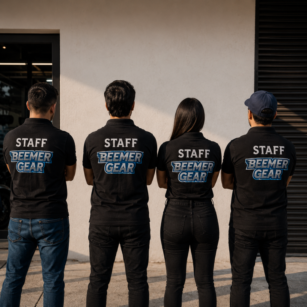 Equipo de Beemer Gear con uniformes de staff frente a la tienda